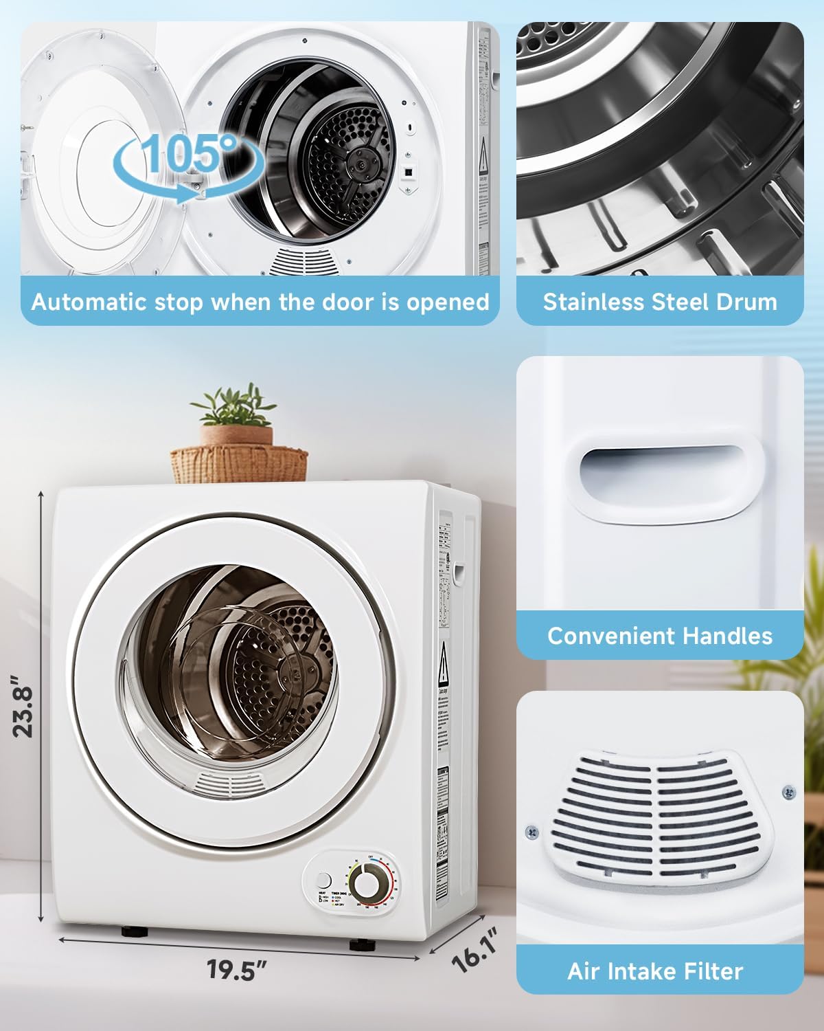 Feelfunn 850W Portable Clothes Dryer with 4 Automatic Drying Modes Jansha Store