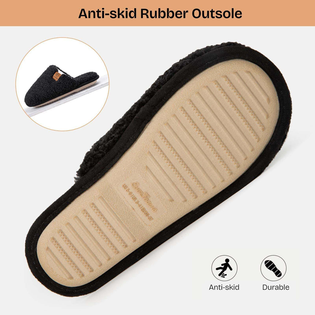 Pair of warm fuzzy slippers for women with memory foam, front-facing view