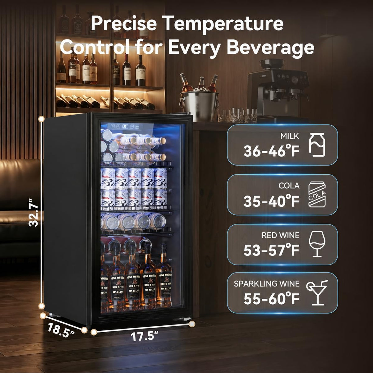 3.2 Cuft Beverage Fridge, 128 Can Mini Fridge, Glass Door, 35–65°F, Black Jansha Store