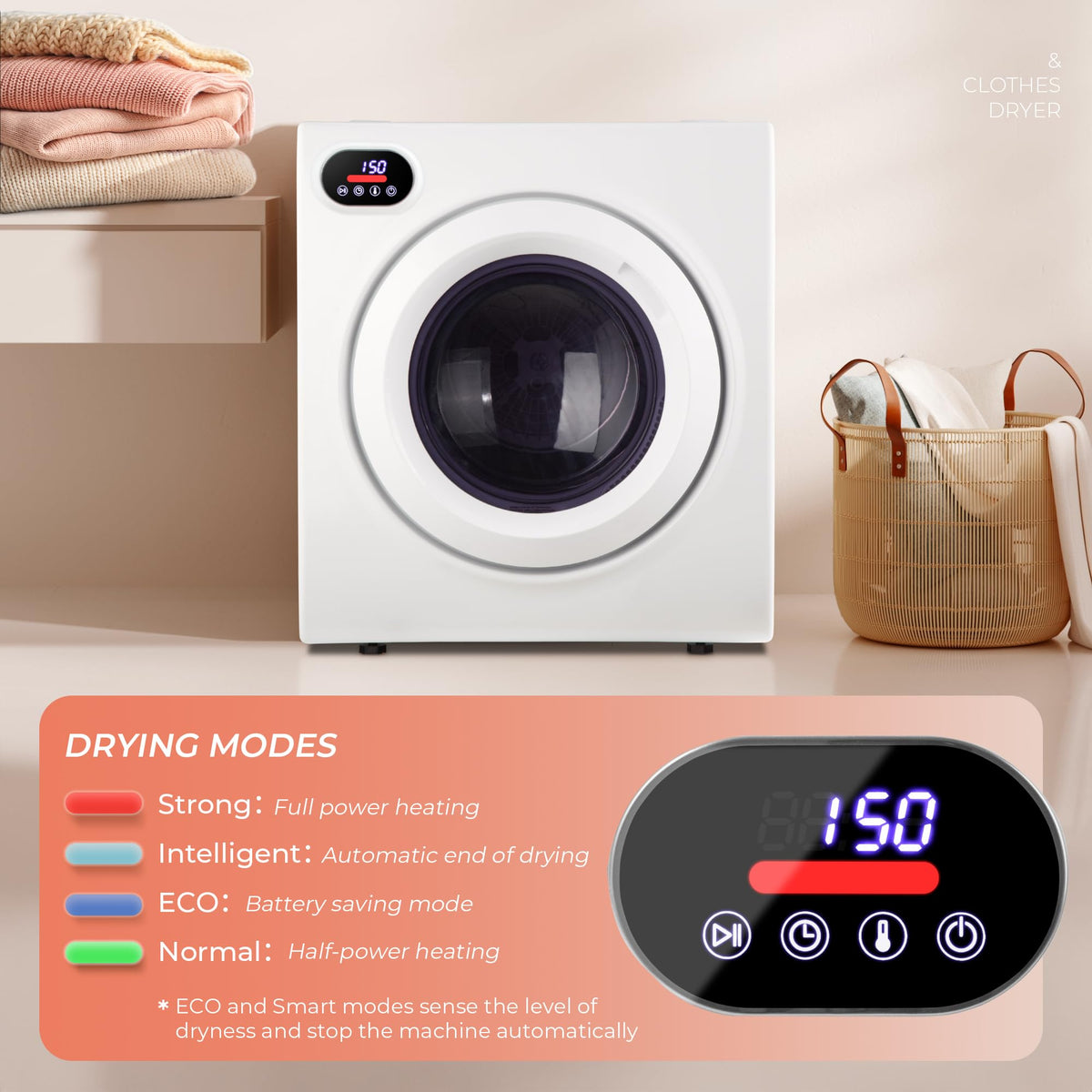 Euhomy Compact Laundry Dryer, 3.5 cu ft Front Load Stainless Steel Clothes Dryers With Exhaust Pipe, 1500W, LCD Control Panel Four-Function Portable Dryer For Apartments, Home, Dorm, White Jansha Store