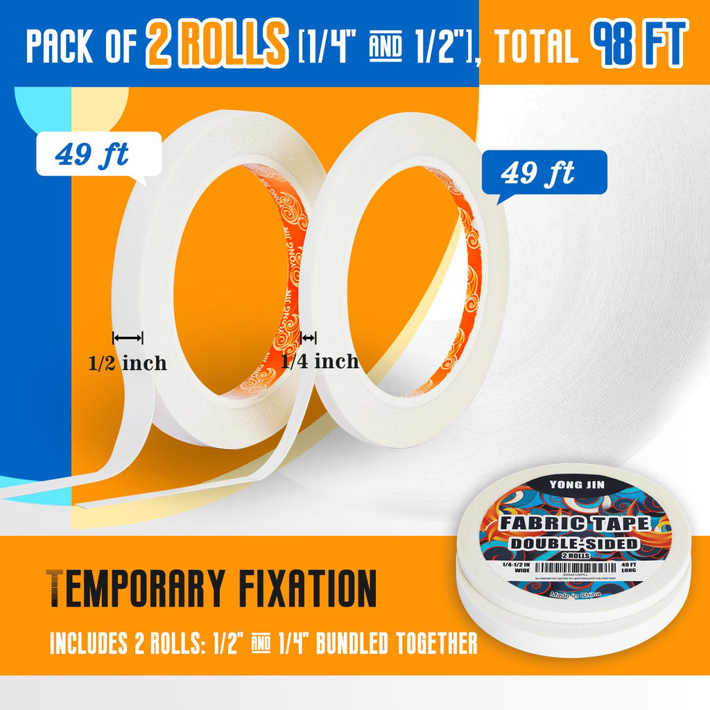 Double-Sided Fabric Tape,Hem Tape No Sew No Iron,1/4"+1/2" (2 Rolls) Jansha Store