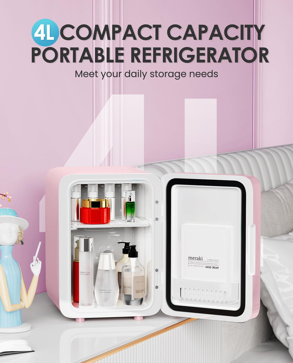 CUTIEWORLD Skincare Fridge - 4L Makeup Fridge for Refrigerating Makeup, Skincare and Food, Mini Fridge for Bedroom, Office and Car, Cooler and Warmer, Beverage Cooler, Leather Pink Jansha Store