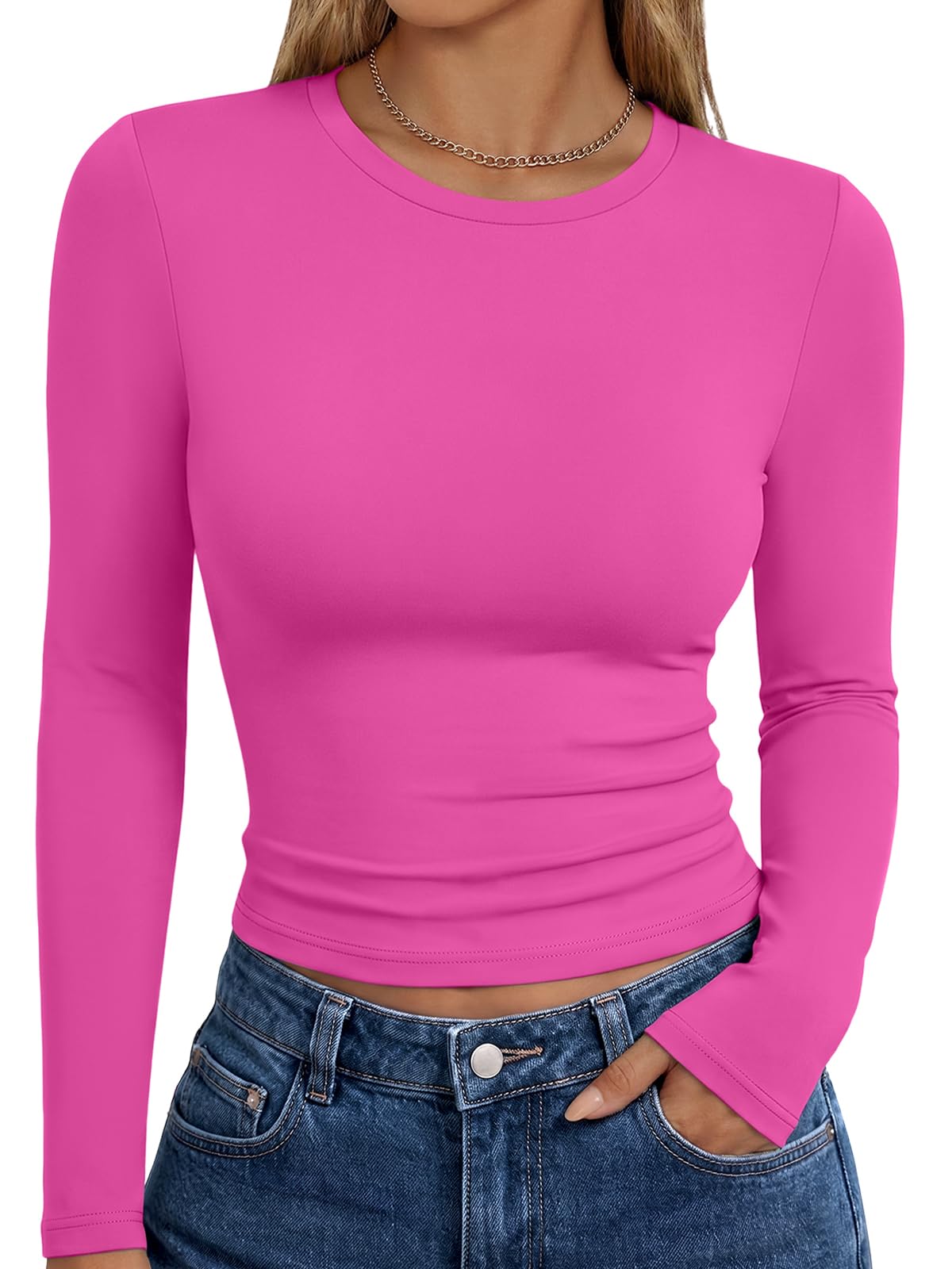 Long sleeve t-shirt for women shown from the side, highlighting the slim fall fashion fit
