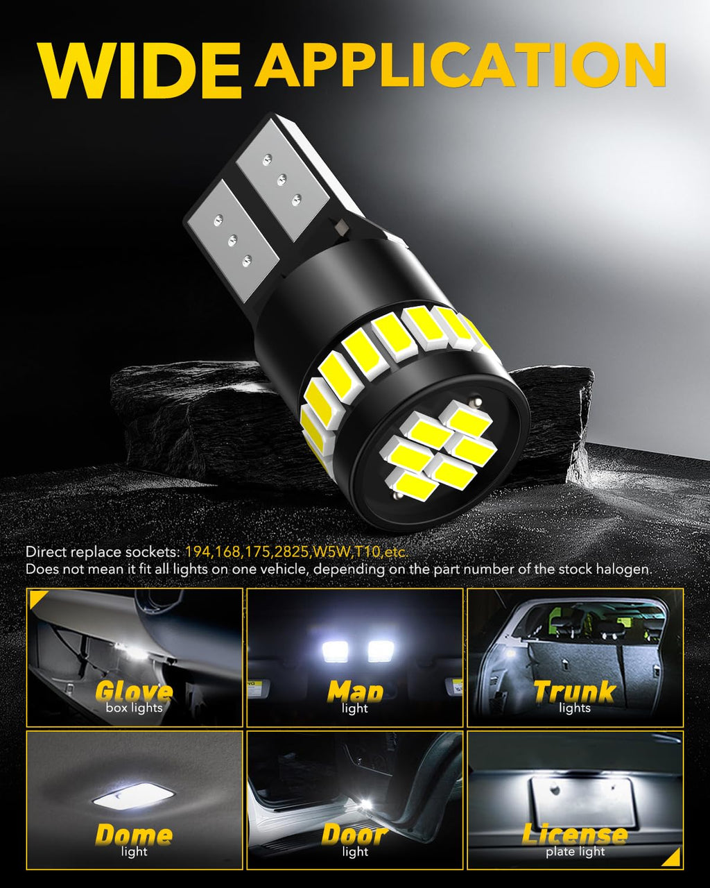 AUXITO 194 LED Bulbs for License Plate Light 168 175 2825 W5W T10 24-SMD 3014 Chipsets 6000K White for Car Dome Door Map Dash Courtesy Cargo License Plate Lights, Pack of 2 Jansha Store