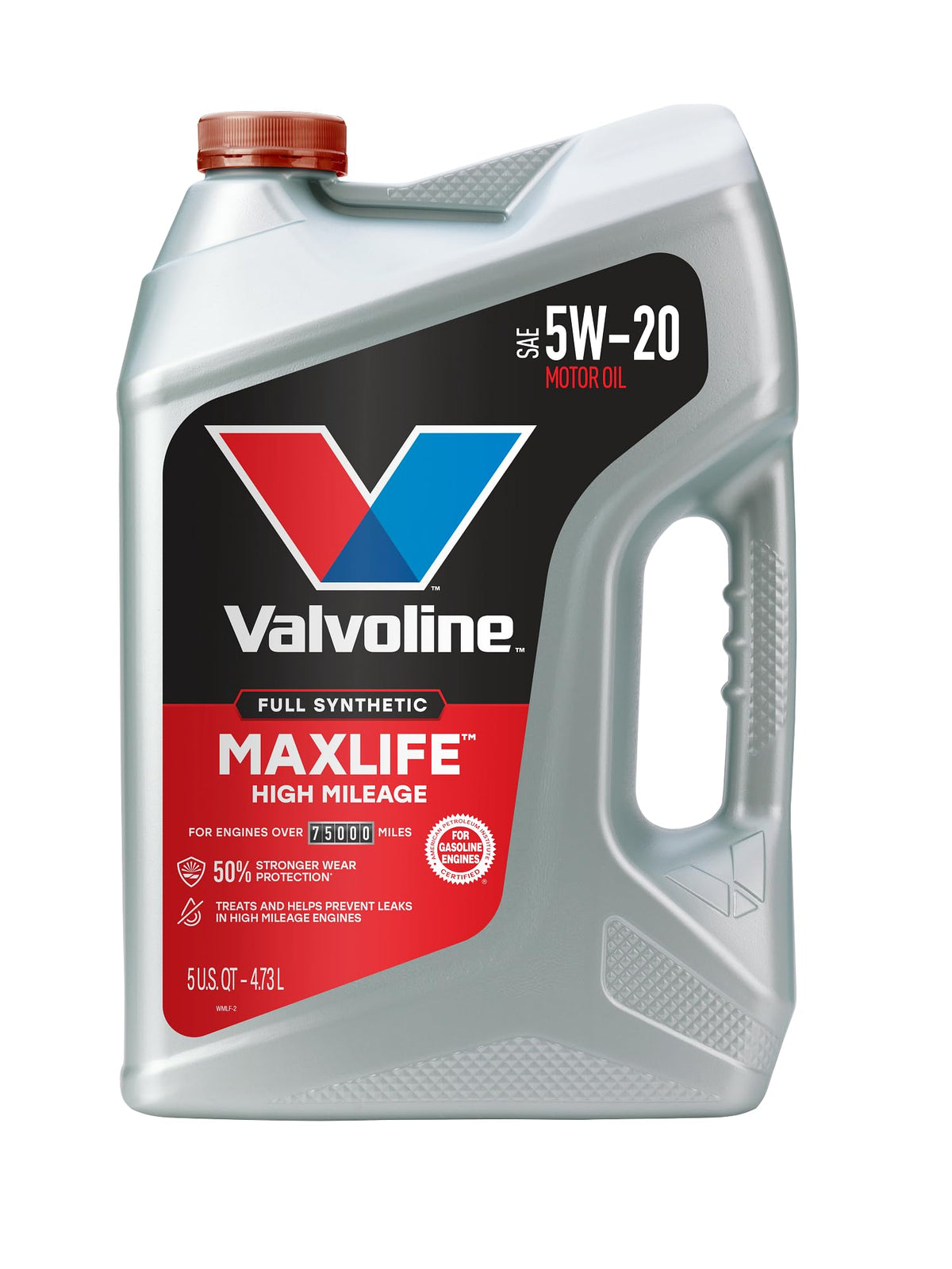 Front label of high mileage 5W-30 synthetic blend motor oil bottle showing viscosity grade
