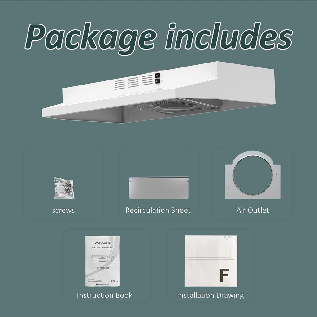 FIREGAS Range Hood 30 inch Under Cabinet, White Range Hood, Kitchen Hood Jansha Store