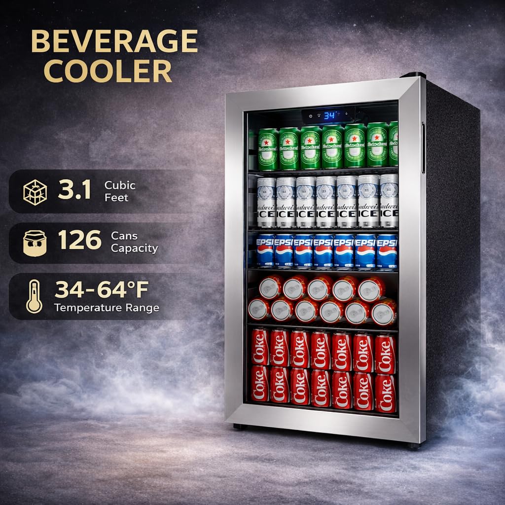 18L Beverage Refrigerator Cooler, 24-Can Mini Fridge with Glass Door Jansha Store