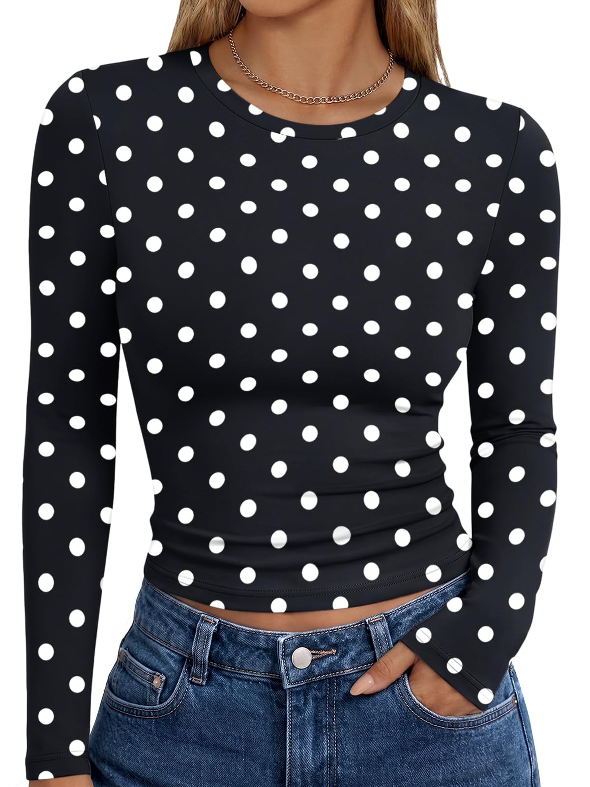 Women's long sleeve t-shirt worn with the sleeves down, full front view