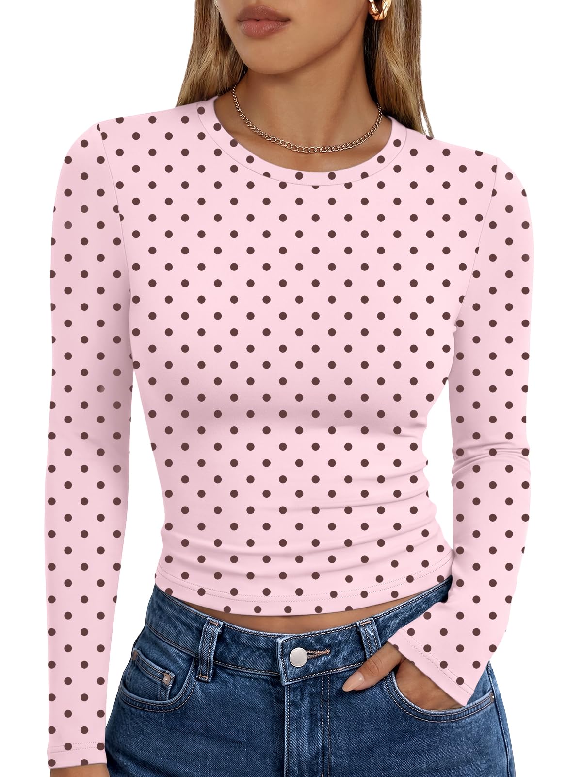 Long sleeve women's tee layered under a jacket for a fall fashion styling idea