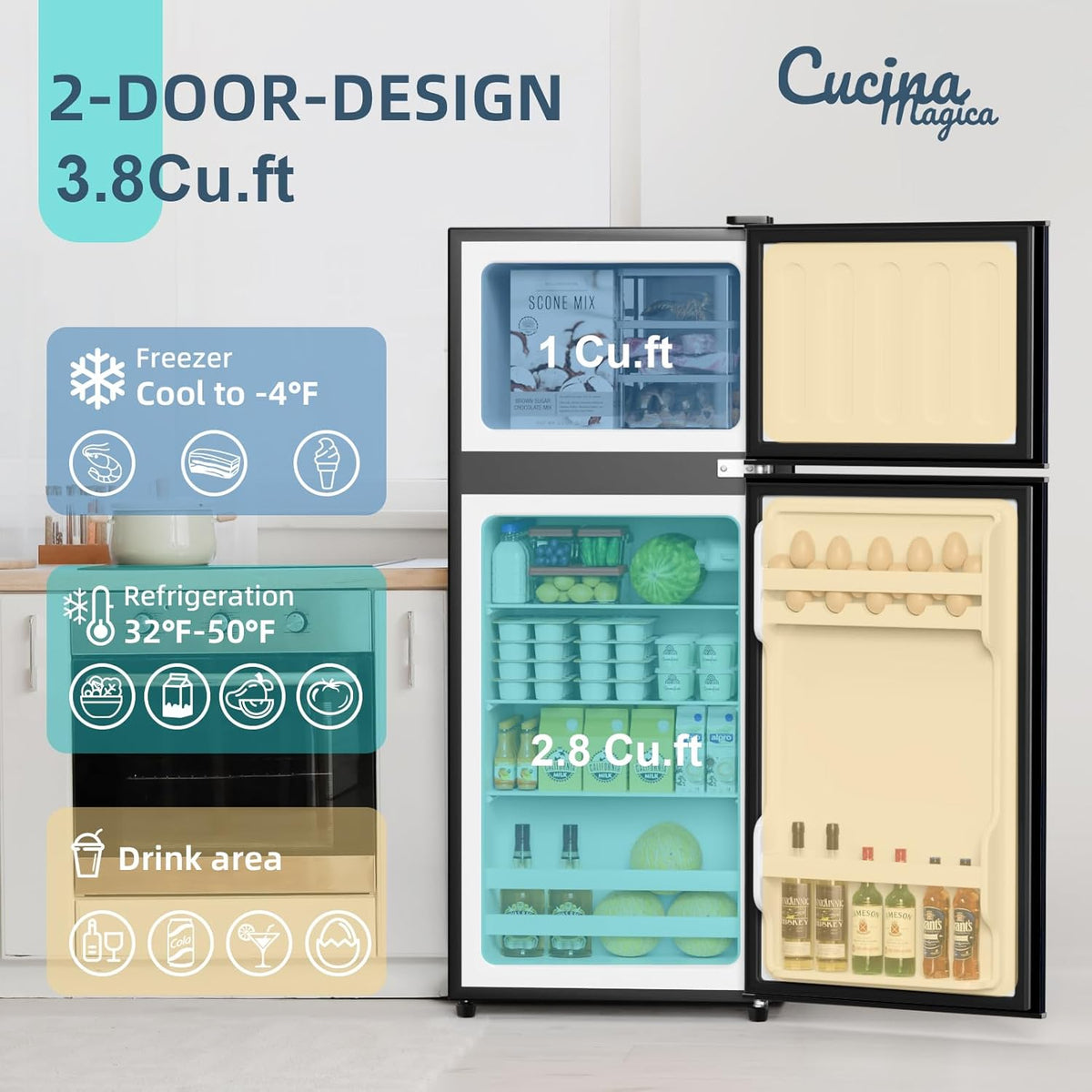 Cucina Magica Mini Fridge with Freezer, 3.8 Cu.Ft Small Fridge, Dorm Fridge Jansha Store