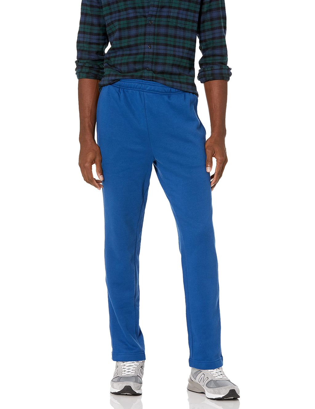 Men's fleece sweatpants in black, full-length front view with open hem