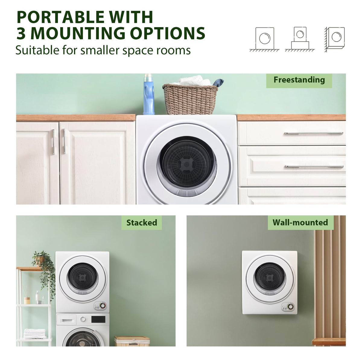 Euhomy Compact Laundry Dryer, 3.5 cu ft Front Load Stainless Steel Clothes Dryers With Exhaust Pipe, 1500W, LCD Control Panel Four-Function Portable Dryer For Apartments, Home, Dorm, White Jansha Store
