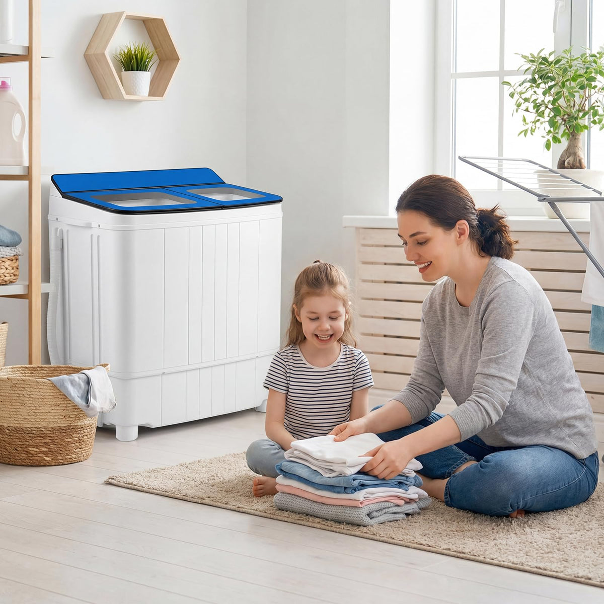 COSTWAY 26Lbs Portable Washing Machine with Built-in Drain Pump, Blue Jansha Store
