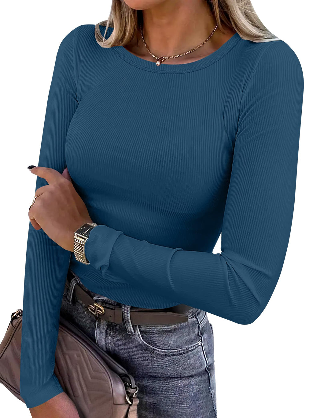 Women's ribbed fitted long sleeve top shown in a second colorway