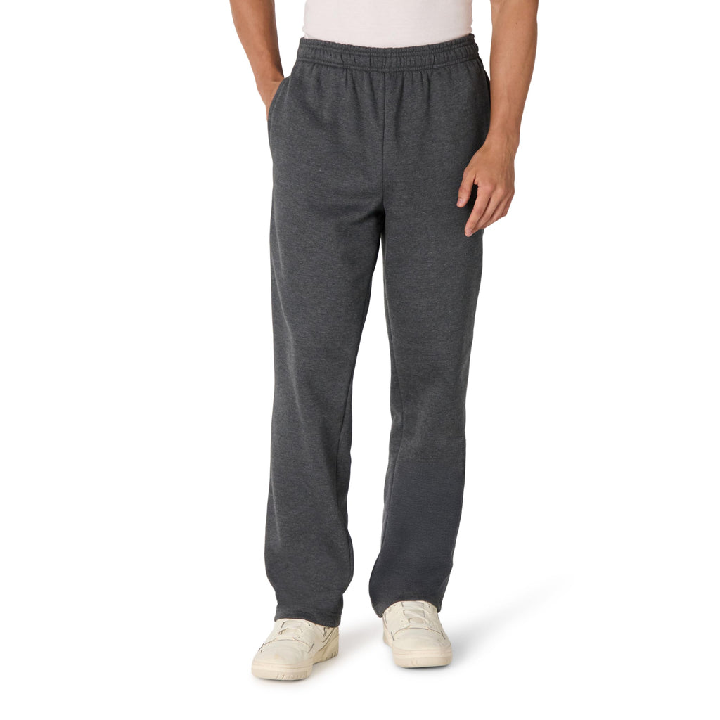 Men's fleece open bottom sweatpants in dark grey, back view with open hems