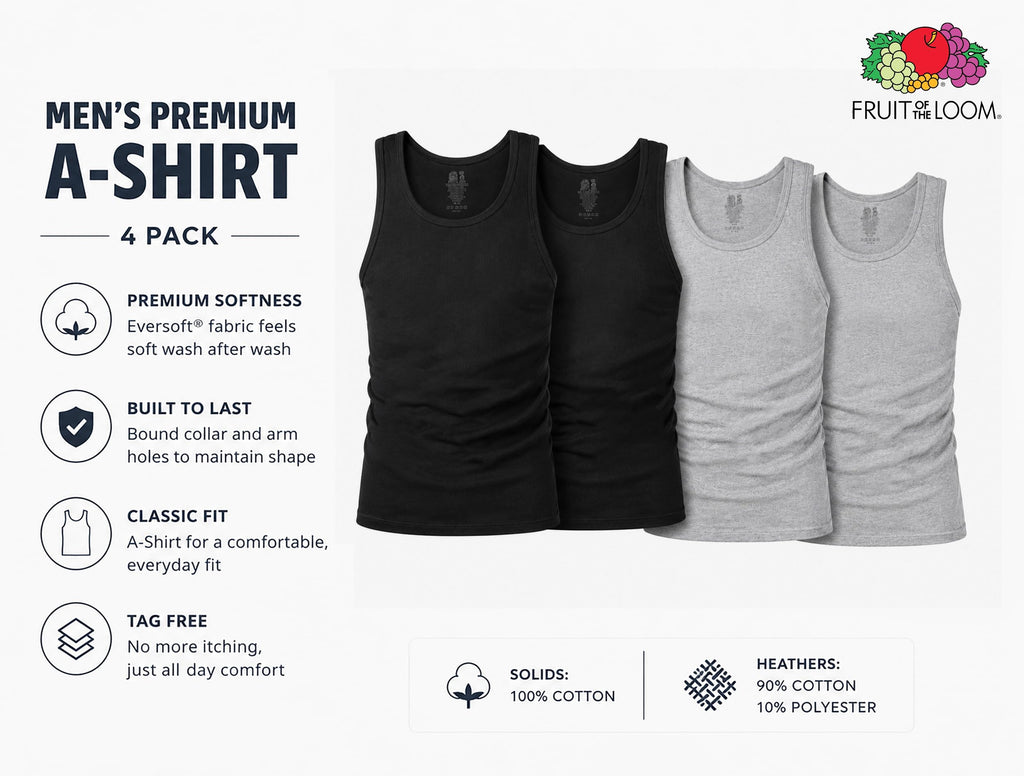 Fruit of the Loom Men's Sleeveless Tag Free Moisture Wicking Tank A-Shirt Jansha Store