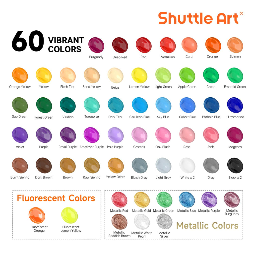 Shuttle Art Acrylic Paint, 36 Colors Acrylic Paint Set with Brushes & Palette, 2oz/60ml Bottles, Rich Pigments Non-toxic for Artists Kids & Adults, Painting on Canvas Rocks Ceramic Wood Jansha Store