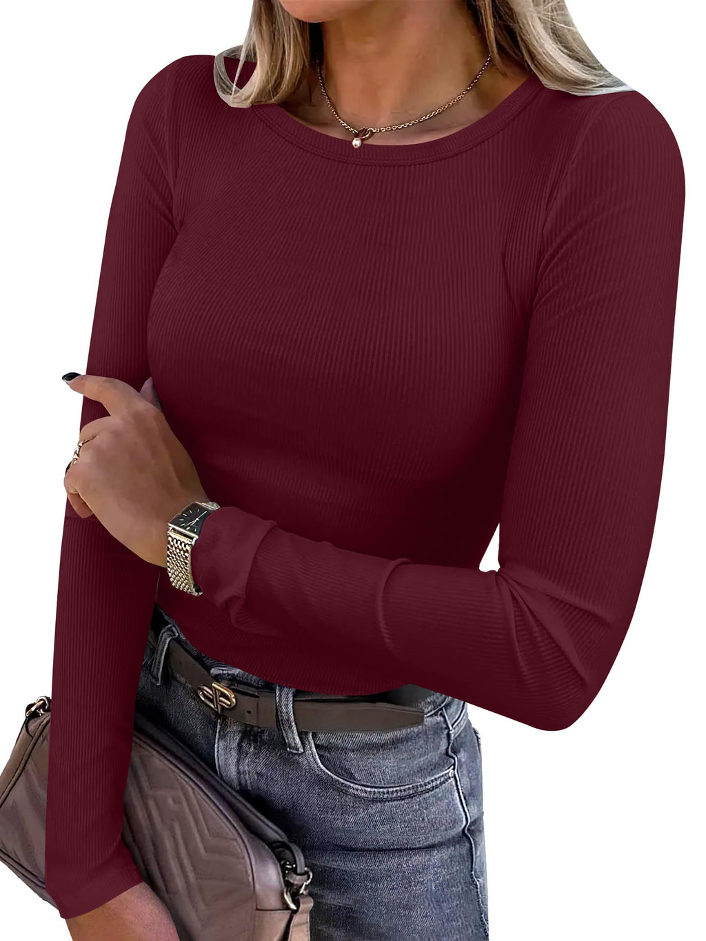 Close-up of the ribbed knit texture on the long sleeve fitted top