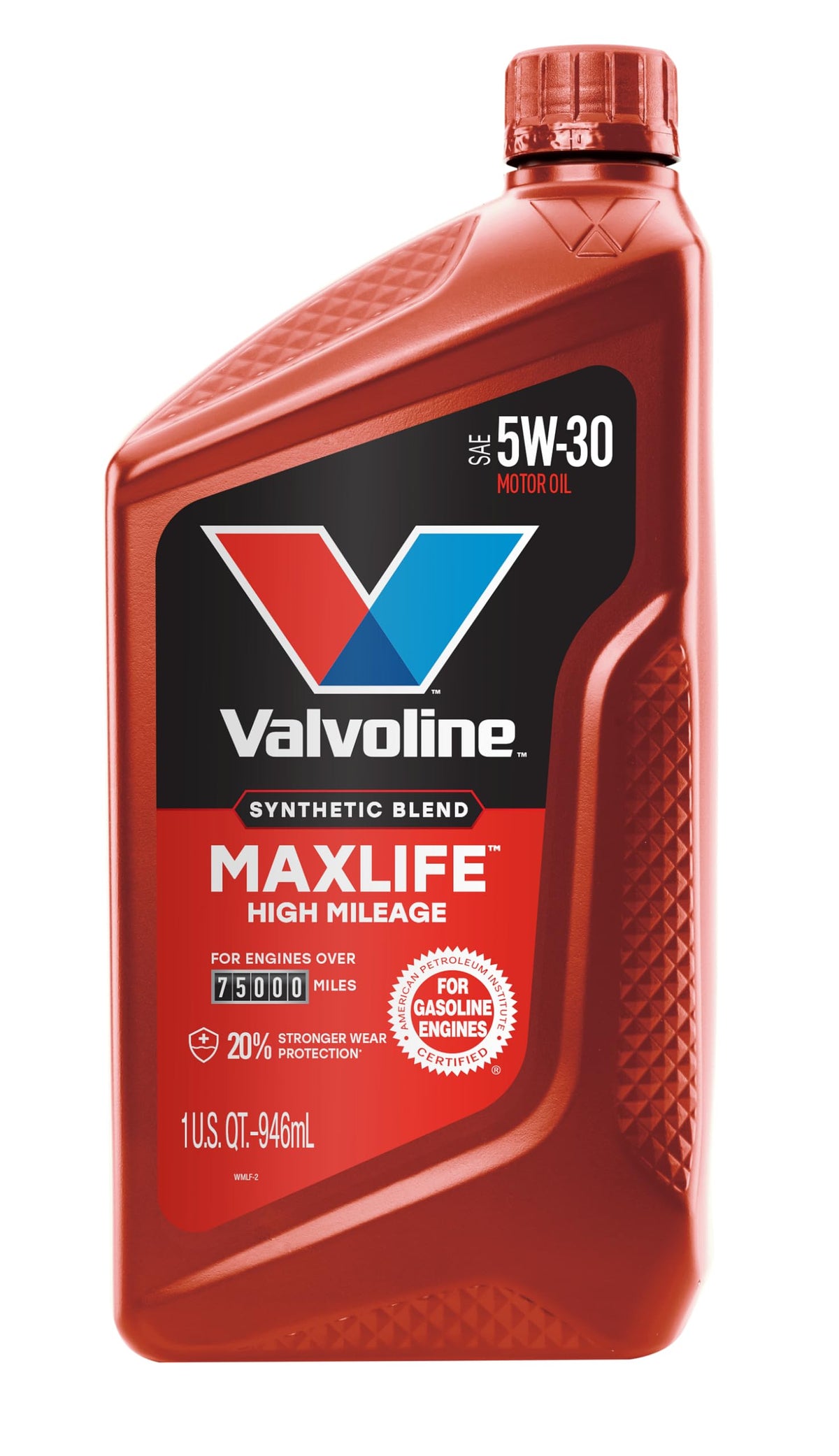 Back label of 5W-30 high mileage synthetic blend motor oil jug with usage details
