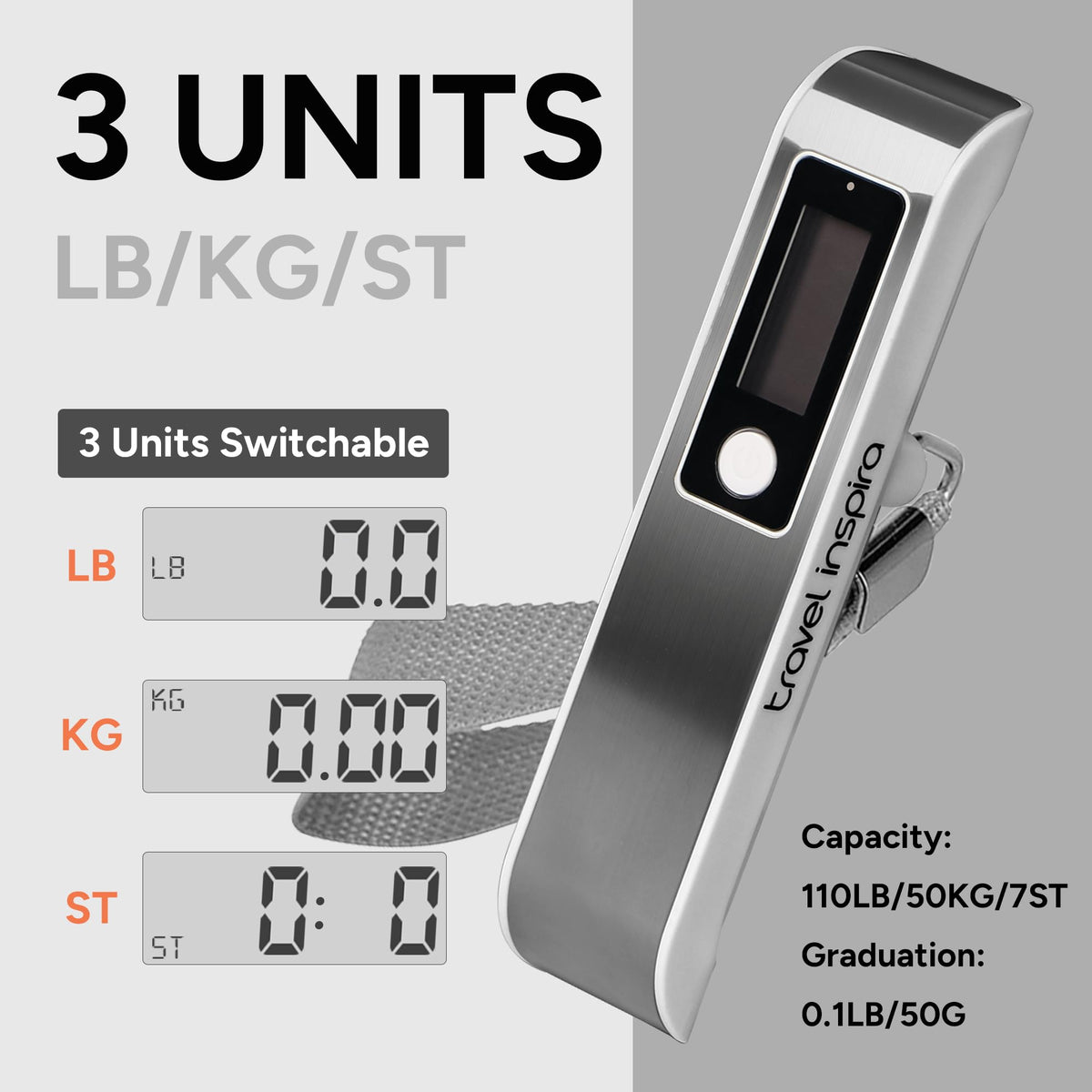 travel inspira Digital Luggage Scale – Portable Hanging Suitcase Weight Scale for Travel, 110 lb Capacity, Backlit LCD Display, Prevents Airport Overweight Fees, Battery Included Jansha Store