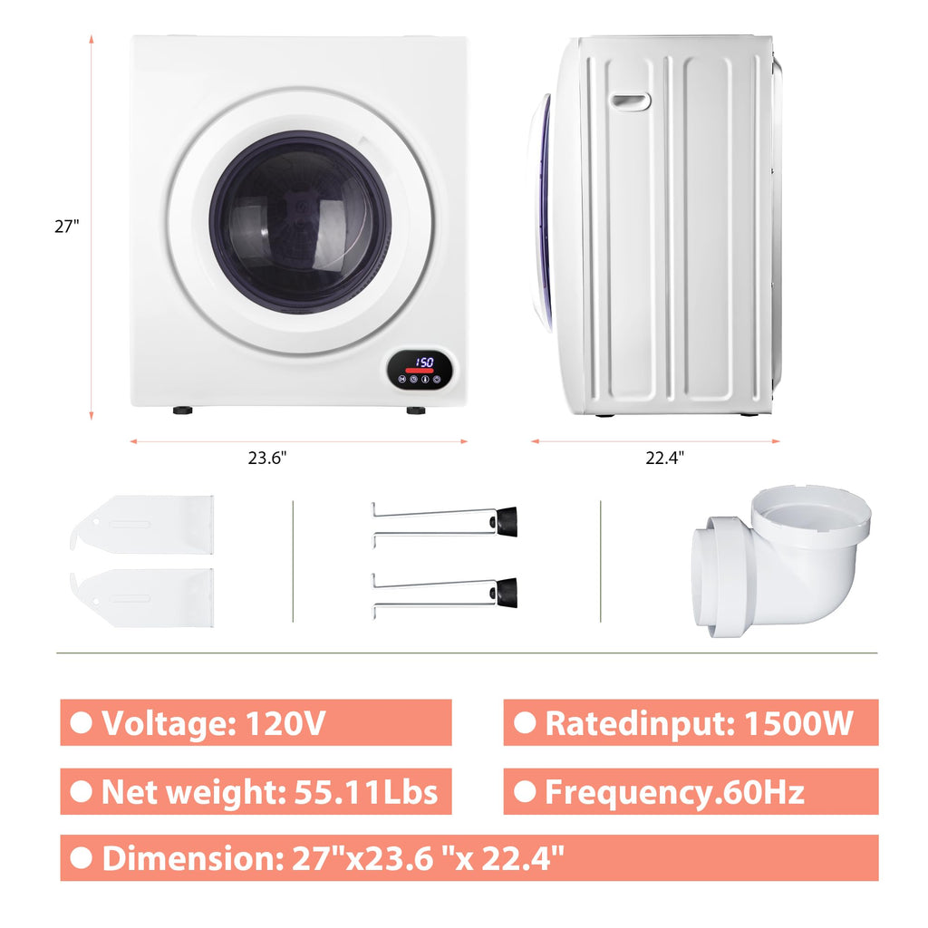 Euhomy Compact Laundry Dryer, 3.5 cu ft Front Load Stainless Steel Clothes Dryers With Exhaust Pipe, 1500W, LCD Control Panel Four-Function Portable Dryer For Apartments, Home, Dorm, White Jansha Store