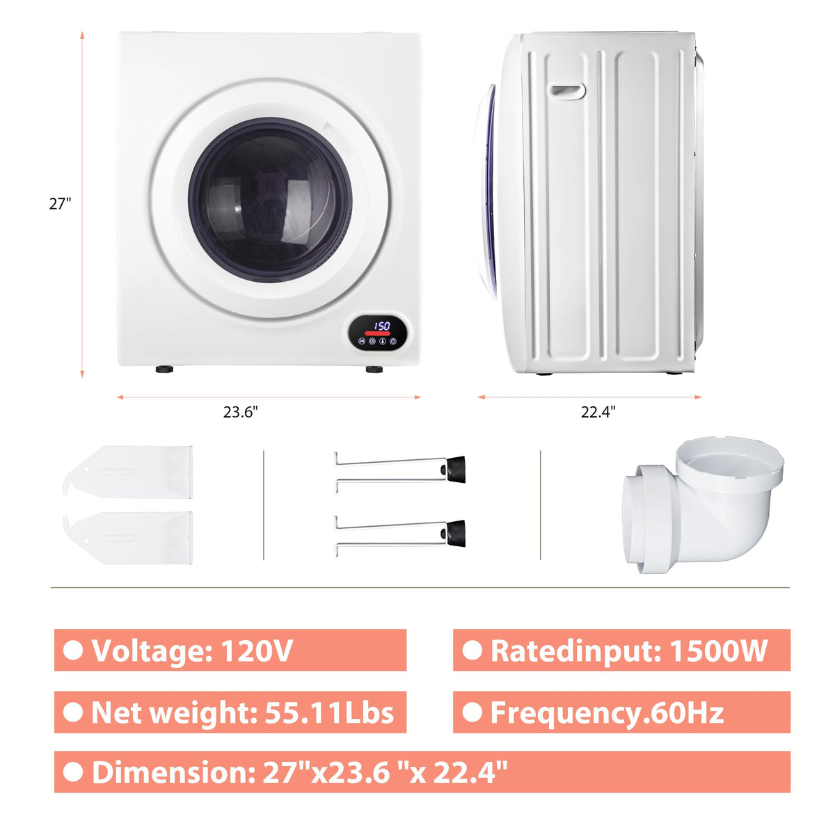 Euhomy Compact Laundry Dryer, 3.5 cu ft Front Load Stainless Steel Clothes Dryers With Exhaust Pipe, 1500W, LCD Control Panel Four-Function Portable Dryer For Apartments, Home, Dorm, White Jansha Store