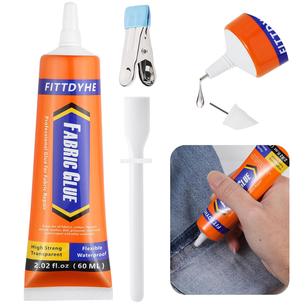 FITTDYHE Fabric Glue Permanent, 60 ML Washable Clear Clothing Glue, Super Fabric Glue for Rhinestones, Patches, Clothes, Denim, Leather, Polyester, Fabrics, Doll Repair, Flannel, Cotton Jansha Store