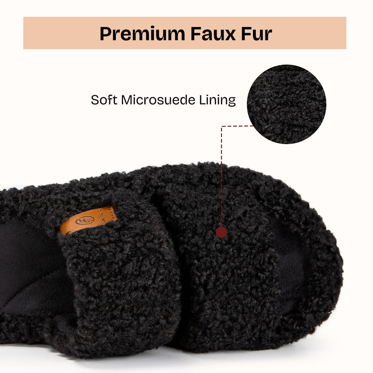 Memory foam footbed inside the fuzzy open-toe slippers, top view