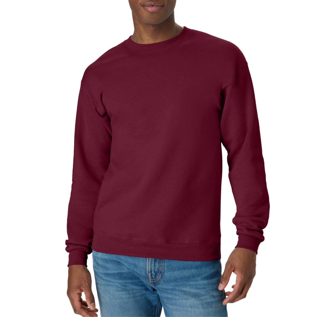Men's fleece sweatshirt folded stack showing multiple color options