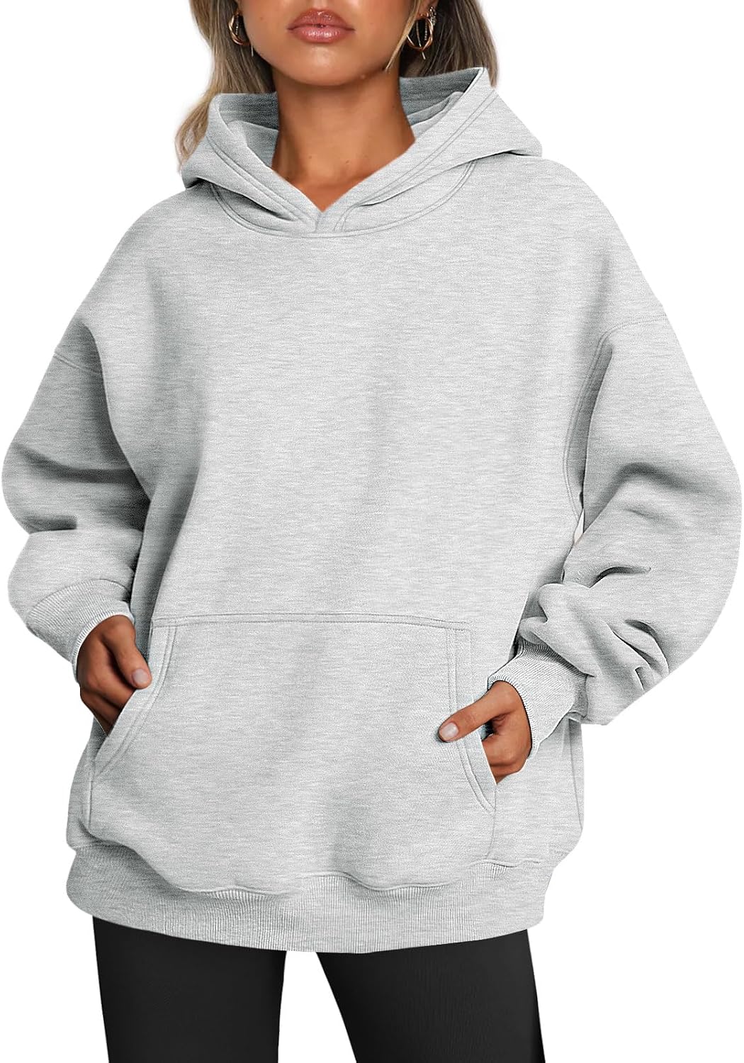 Oversized women's hoodie in soft fleece, front view showing relaxed fit and kangaroo pocket