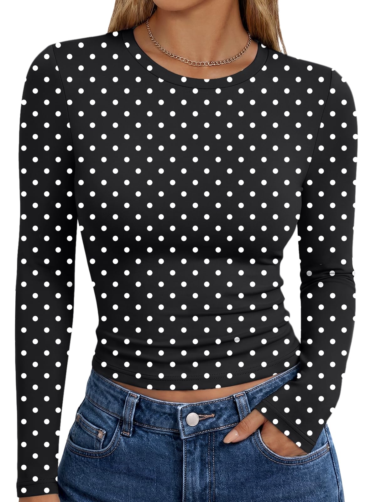 Women's basic long sleeve t-shirt shown in a relaxed pose, front-facing