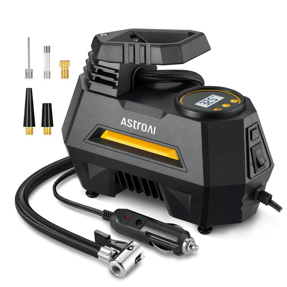 AstroAI AIRUN H Tire Inflator Portable Air Compressor, 12V DC Tire Inflator, Auto Shut-Off with Digital Pressure Gauge & LED Light, Fast Inflation for Car, Motorcycle, Bike Tires, 9.8Ft Cord, Yellow Jansha Store
