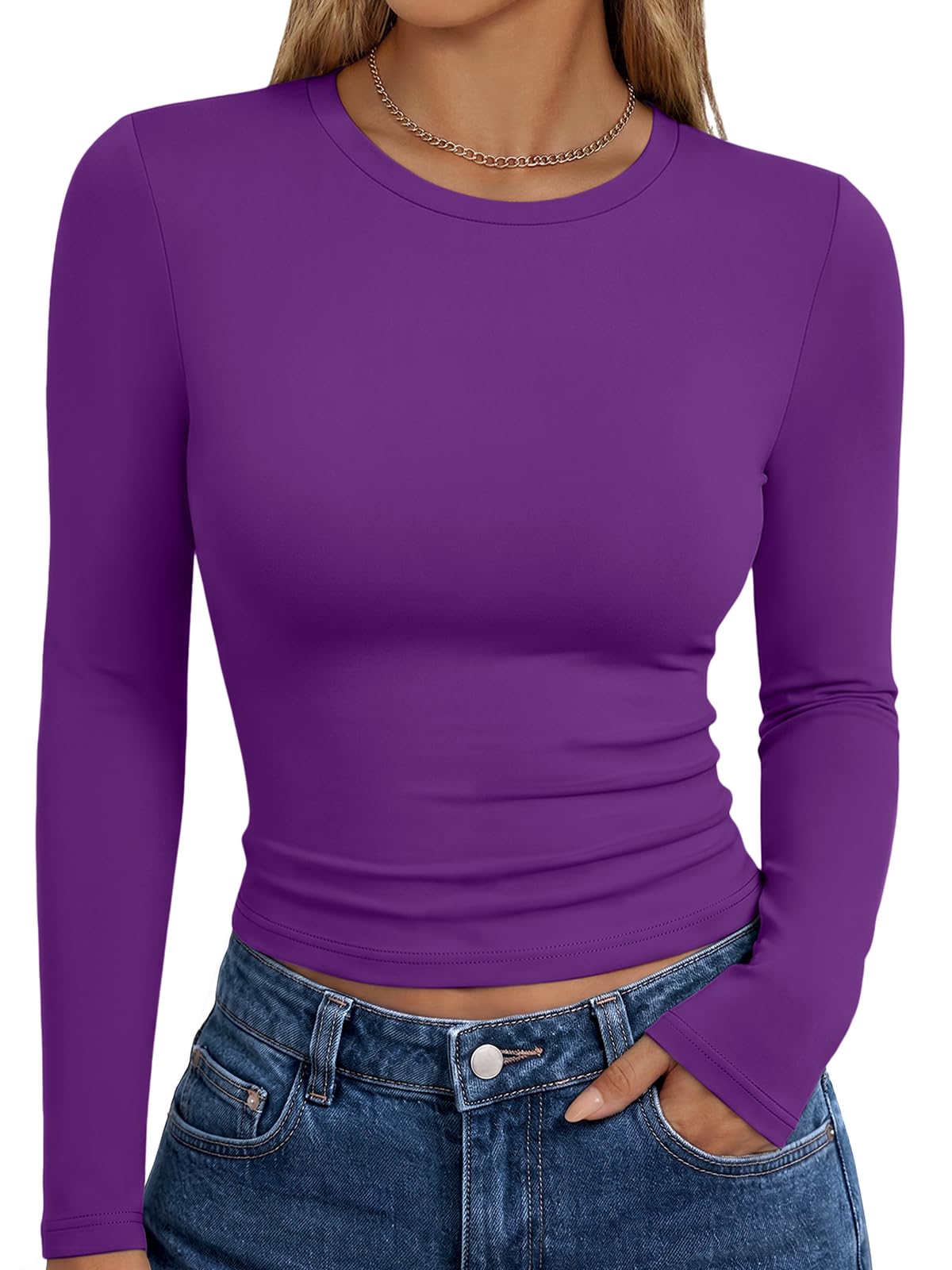 Full-length view of the long sleeve tee styled for an everyday fall outfit
