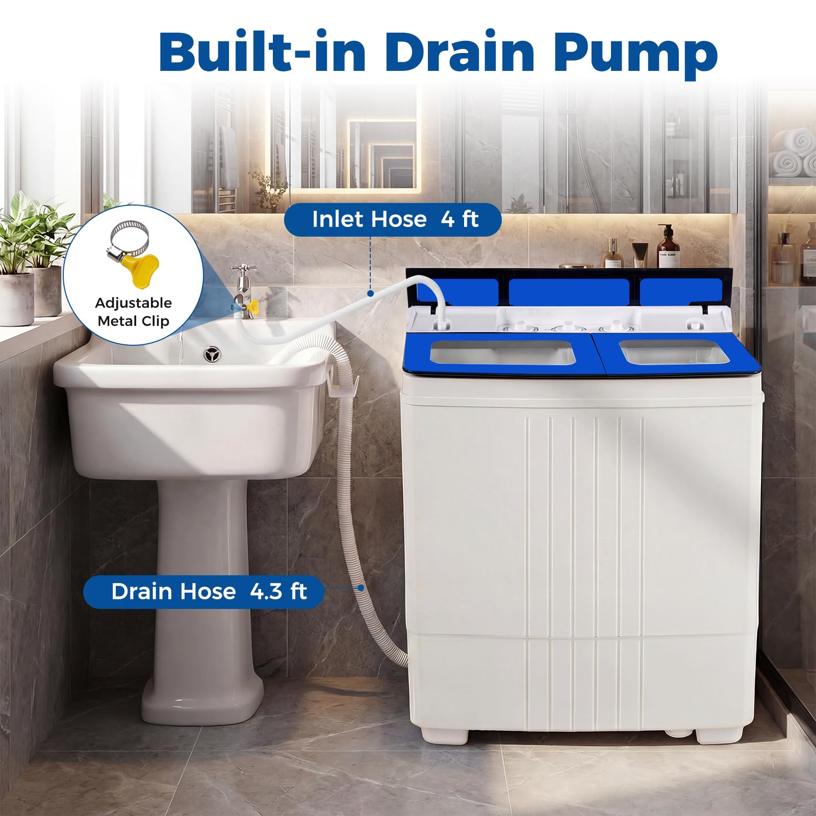 COSTWAY 26Lbs Portable Washing Machine with Built-in Drain Pump, Blue Jansha Store