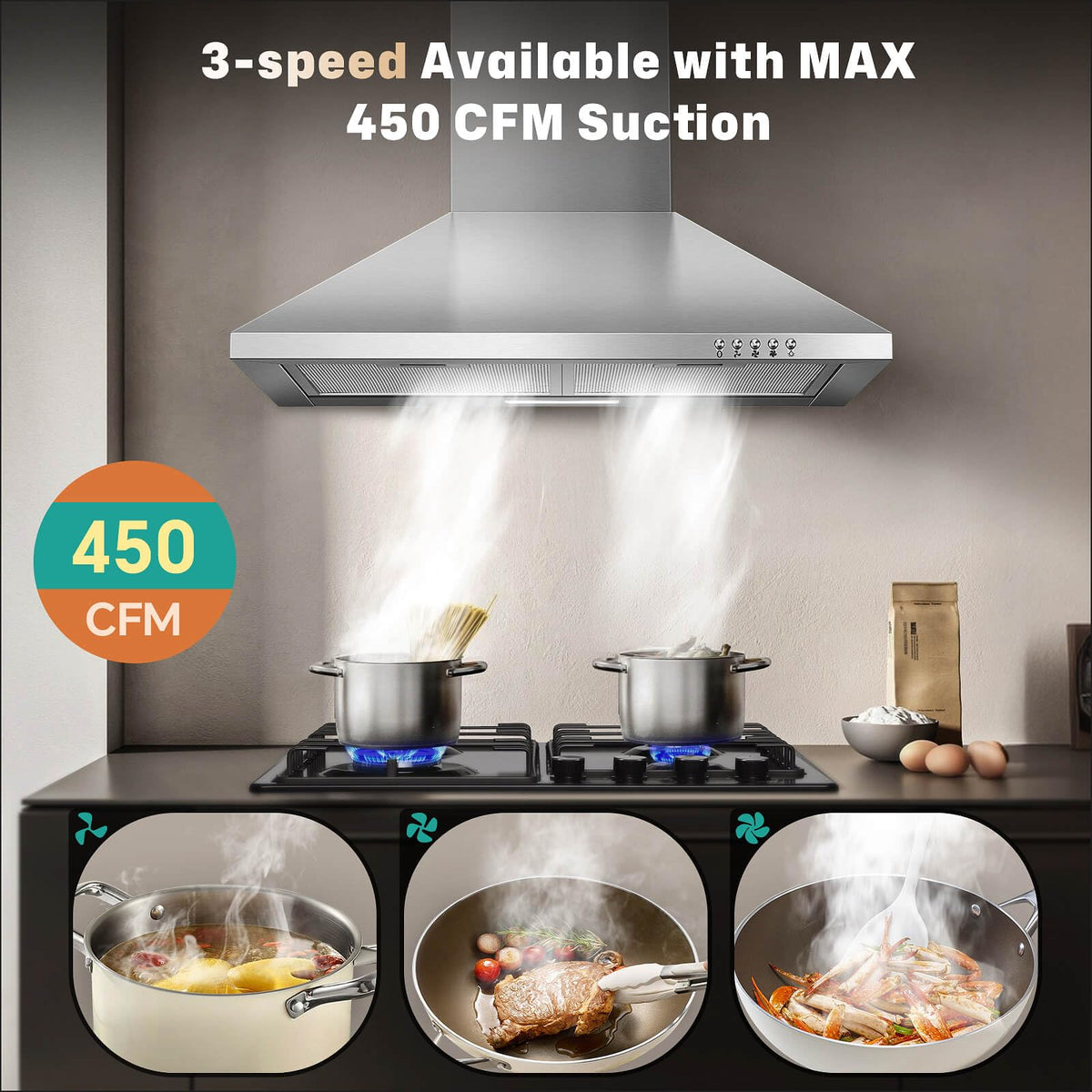 SNDOAS Black Range Hood,Wall Mount Range Hood 30 inch,Stainless Steel Kitchen Hood with Ducted/Ductless Convertible,Stove Vent Hood,Aluminum Filters,3 Speed Exhaust Fan,LED Light,Button Control Jansha Store
