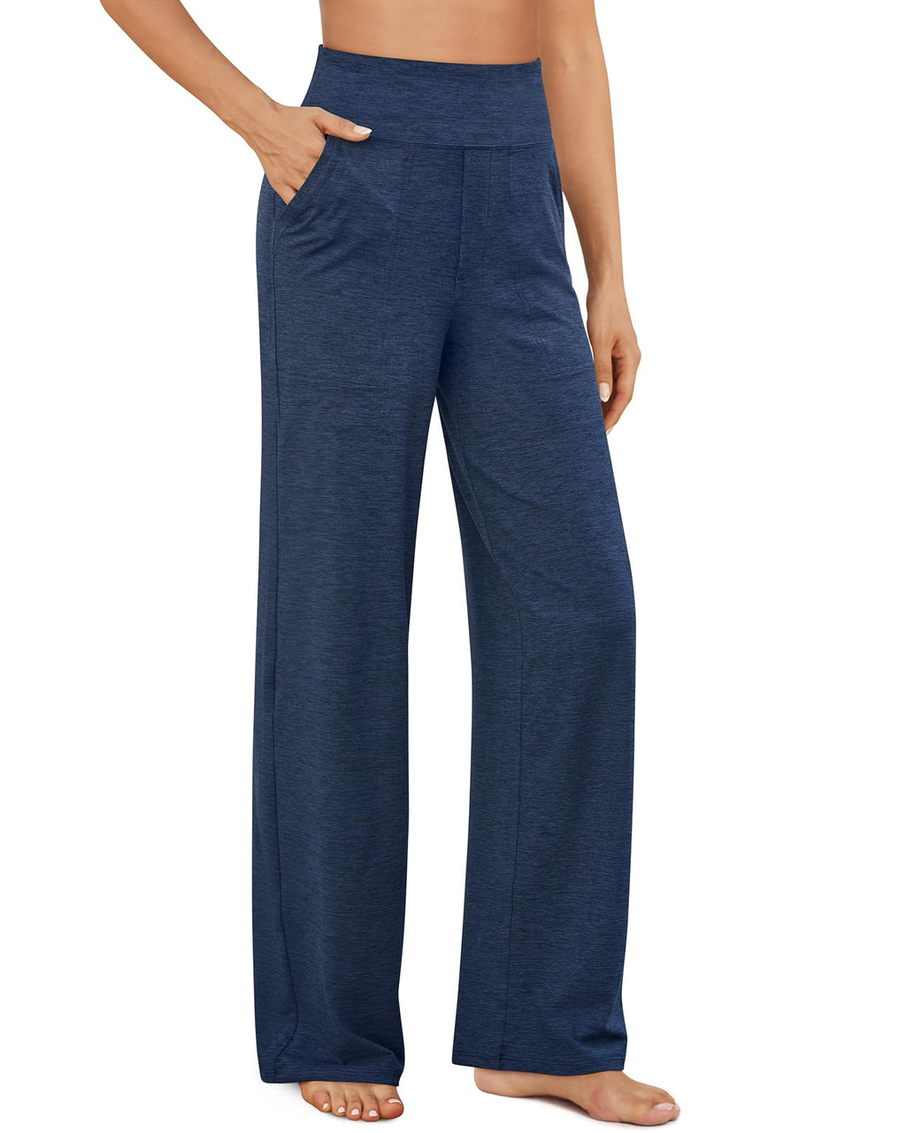 Close-up of the high waistband and pocket on wide leg yoga pants