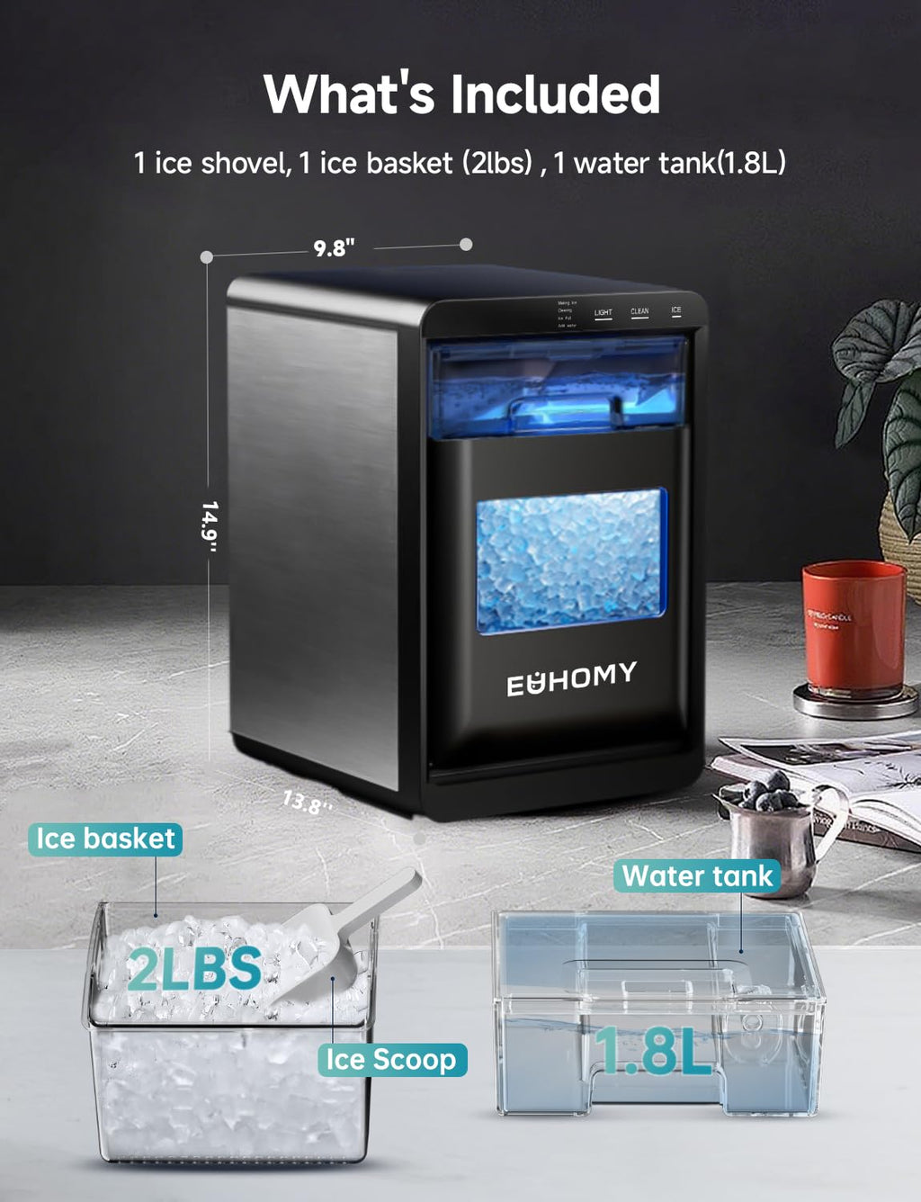EUHOMY Nugget Ice Maker Countertop, 40Lbs/24H Sonic Ice Maker Machine, Self-Cleaning Pellet Ice Makers with Ice Scoop&Basket, Countertop Pebble Ice Maker for Home/Kitchen/Office Jansha Store