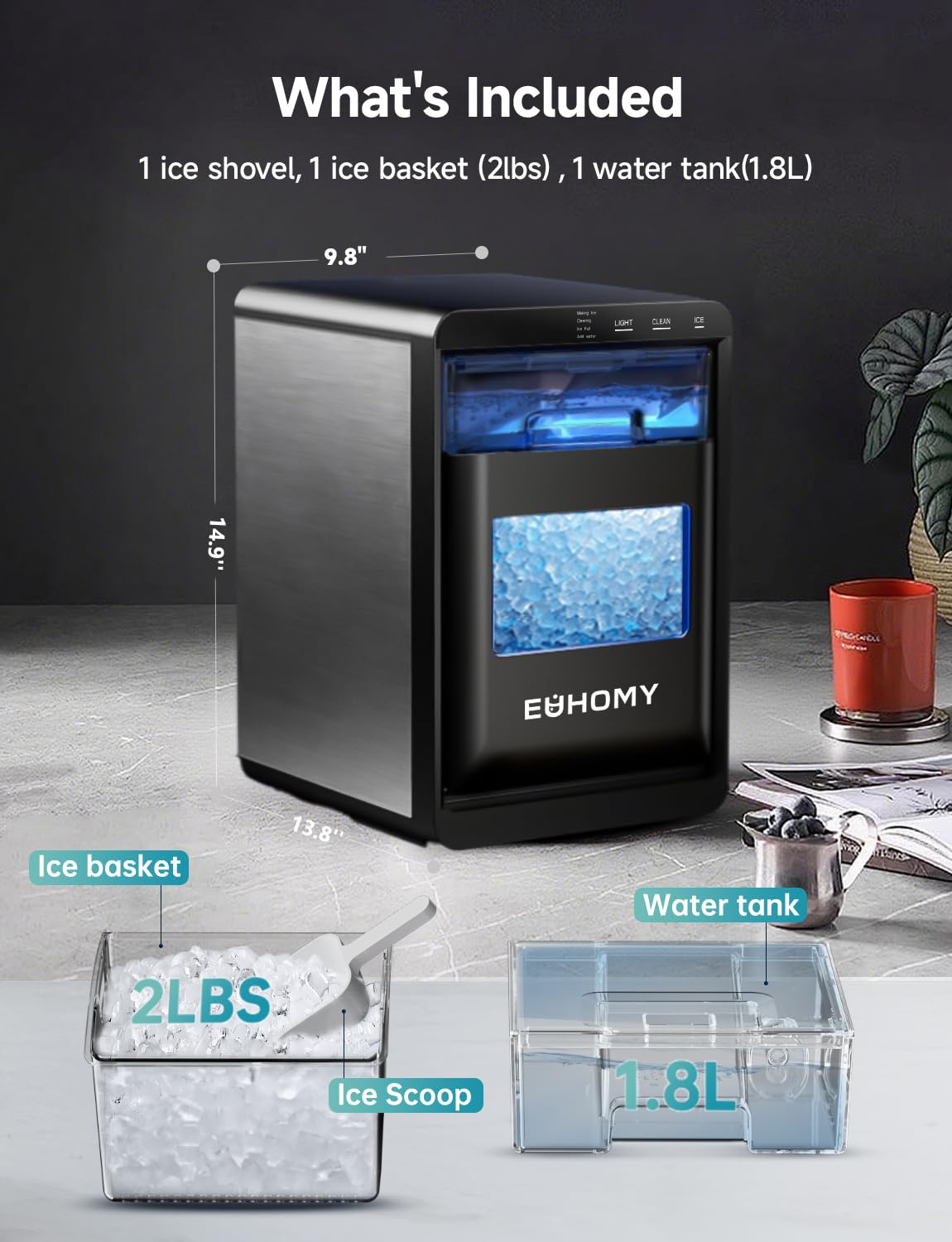 EUHOMY Nugget Ice Maker Countertop, 40Lbs/24H Sonic Ice Maker Machine, Self-Cleaning Pellet Ice Makers with Ice Scoop&Basket, Countertop Pebble Ice Maker for Home/Kitchen/Office Jansha Store
