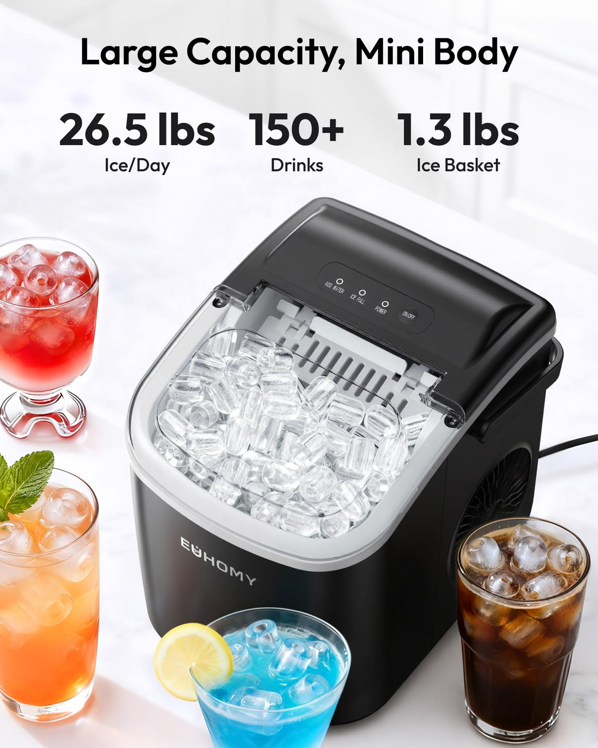 EUHOMY Countertop Ice Maker Machine with Handle, 26lbs in 24Hrs, 9 Ice Cubes Ready in 6 Mins, Auto-Cleaning Portable Ice Maker with Basket and Scoop, for Home/Kitchen/Camping/RV. (Black) Jansha Store