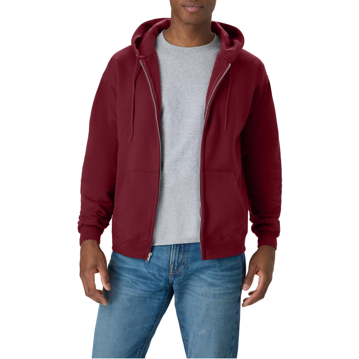 Close-up of the ribbed hem and kangaroo pockets on the full-zip hoodie