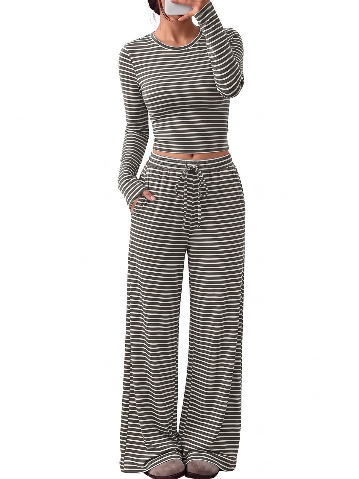 Women's 2 piece lounge set top shown front view with relaxed fit