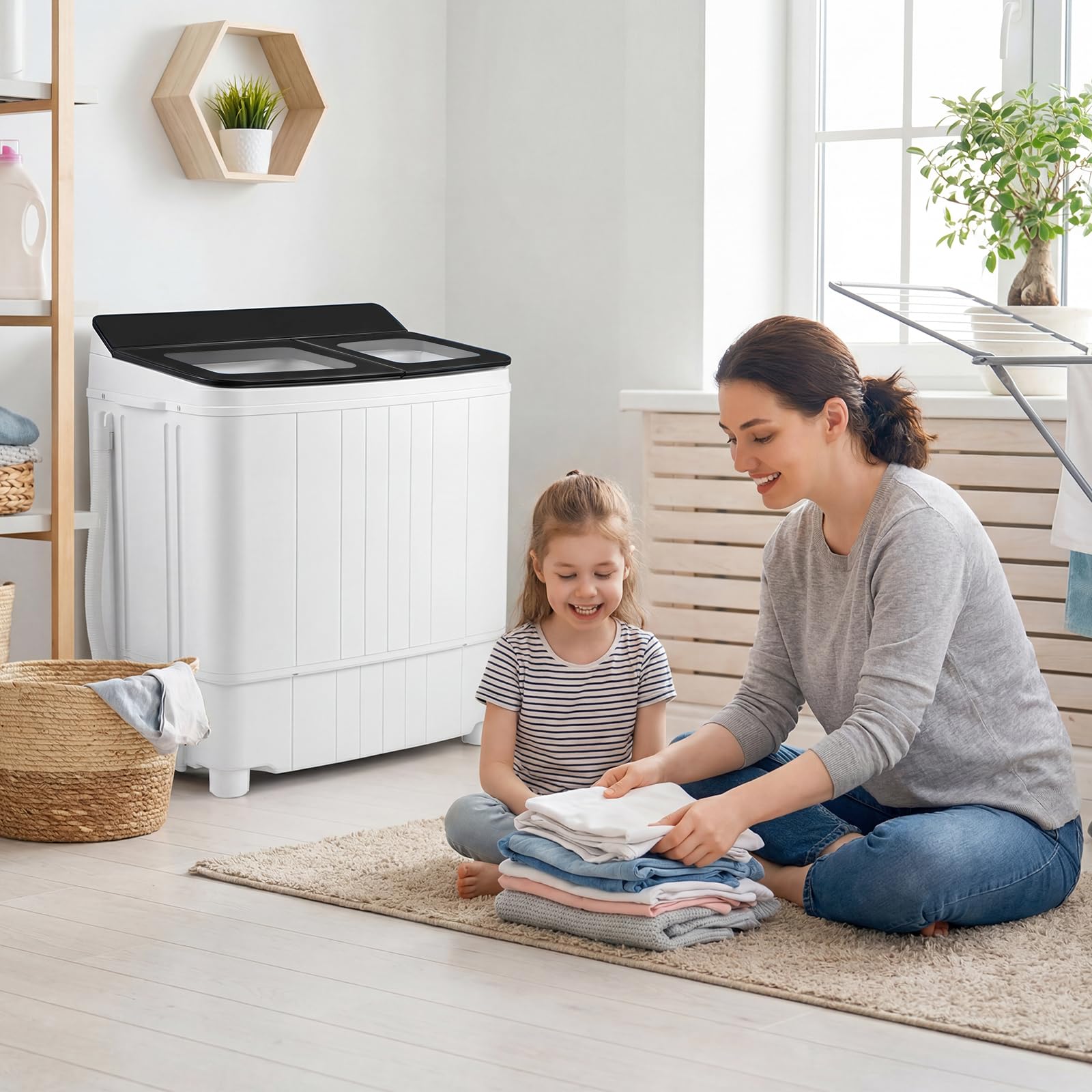 COSTWAY 26Lbs Portable Washing Machine with Built-in Drain Pump, Blue Jansha Store