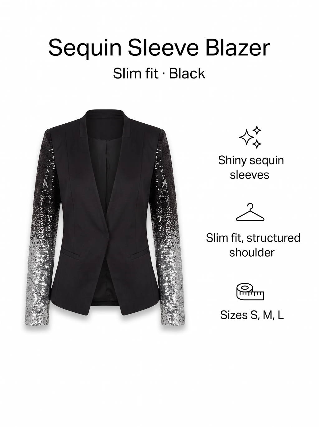 Black slim-fit blazer with shiny sequin sleeves on a white background