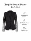 Black slim-fit blazer with shiny sequin sleeves on a white background