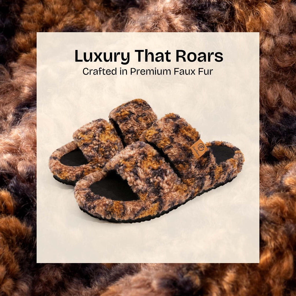 Women's fuzzy open-toe slippers on a light surface, showing the plush texture and open-toe design