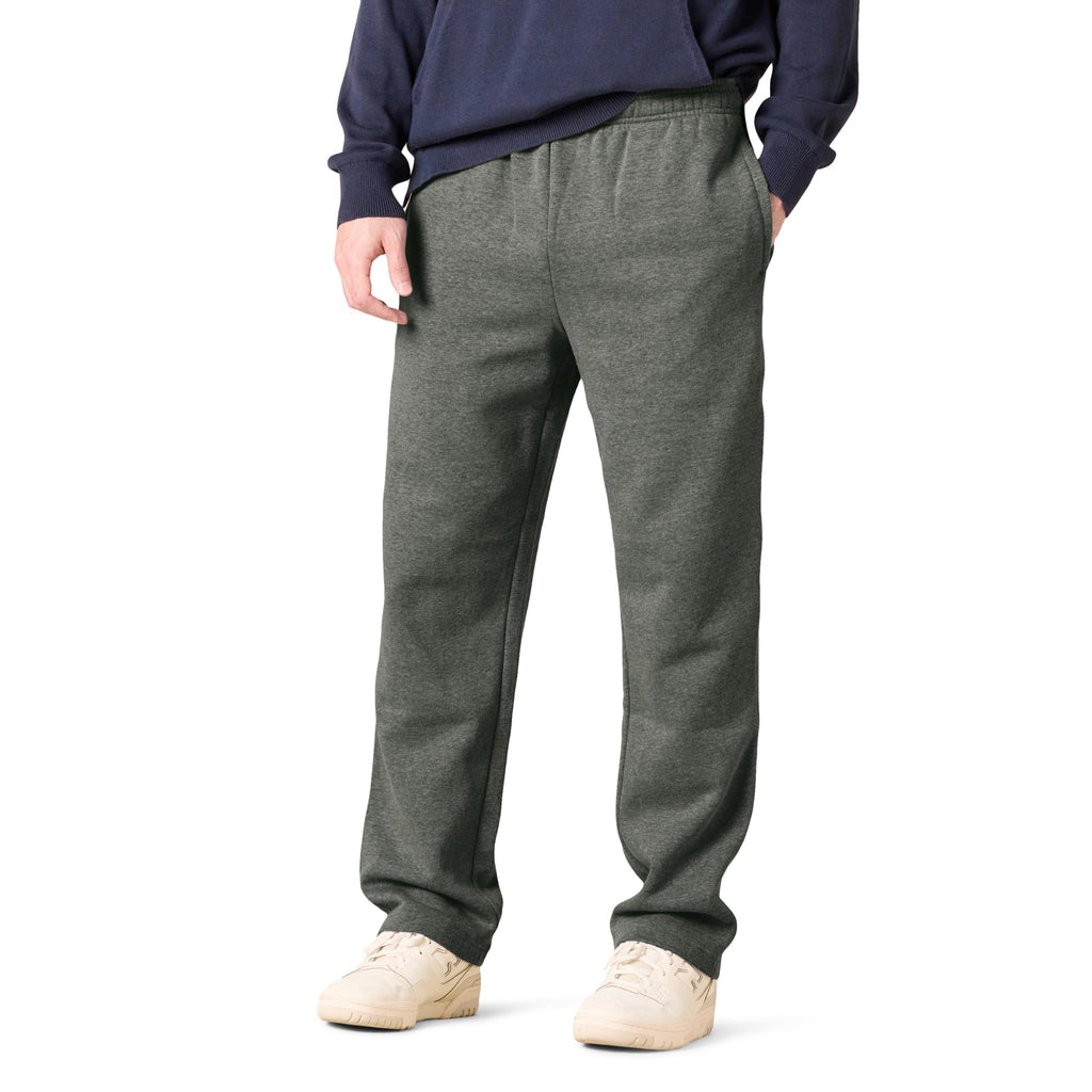 Detail of the open bottom hem and stitching on men's fleece sweatpants