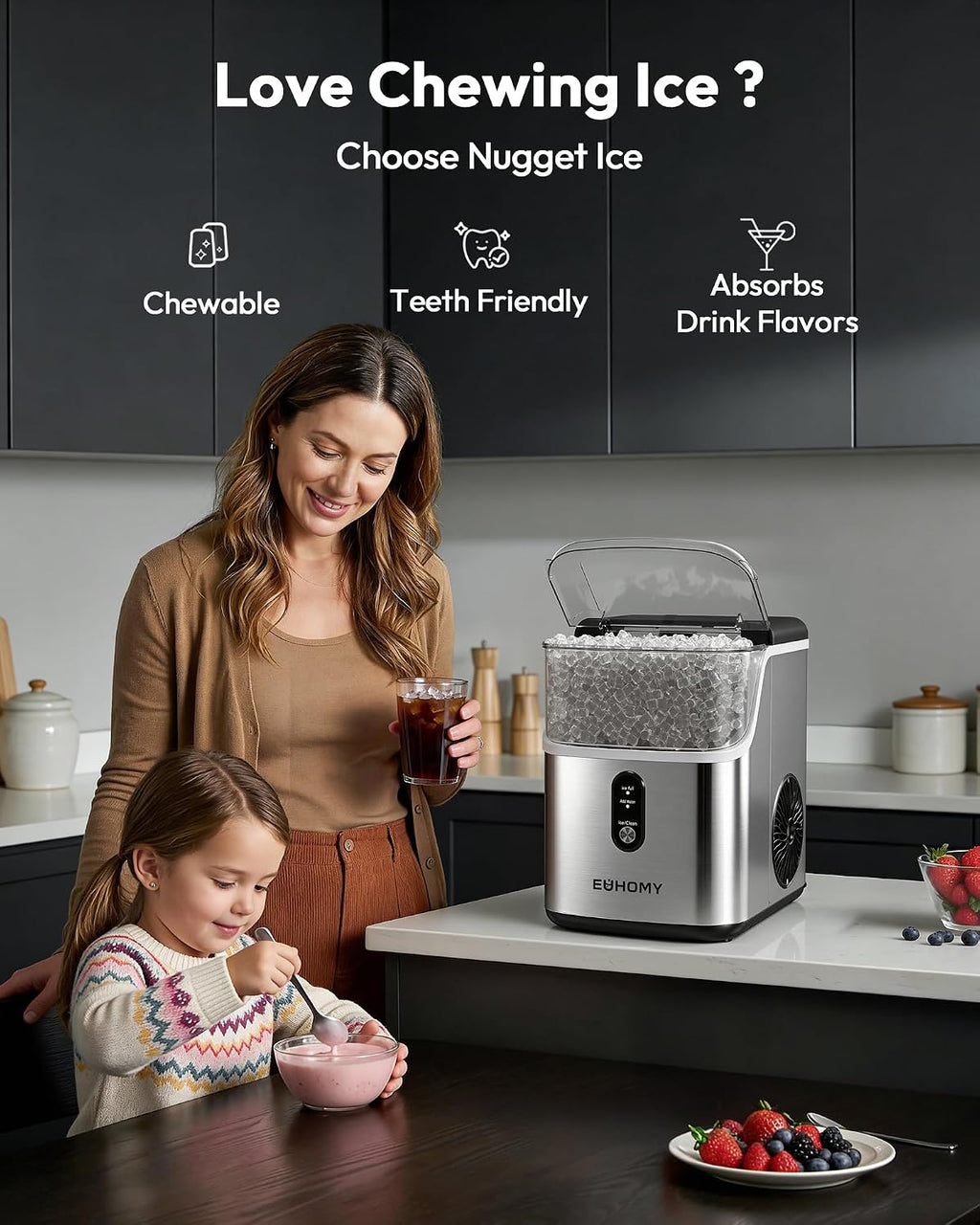 EUHOMY Nugget Ice Maker Countertop, Ready in 7 Mins, 34Lbs/24H Pebble Ice Maker Machine, Self-Cleaning Countertop Sonic Ice Makers with Ice Scoop&Basket, Pellet Ice Maker for Home, Stainless Steel Jansha Store
