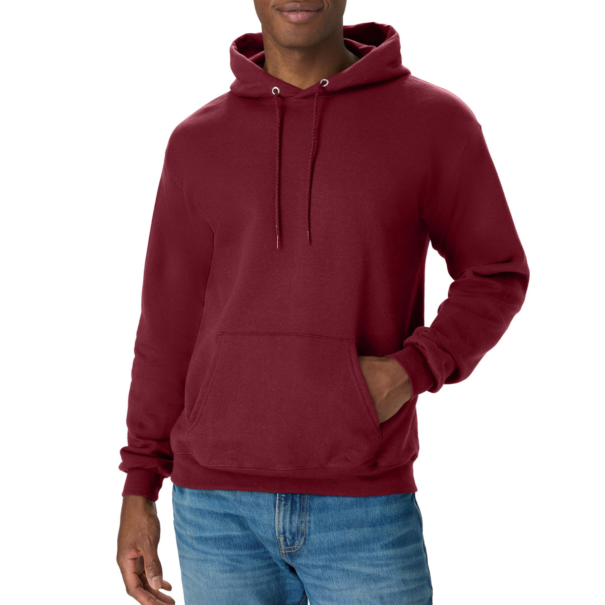 Hanes EcoSmart midweight hoodie worn with the hood up for warmth