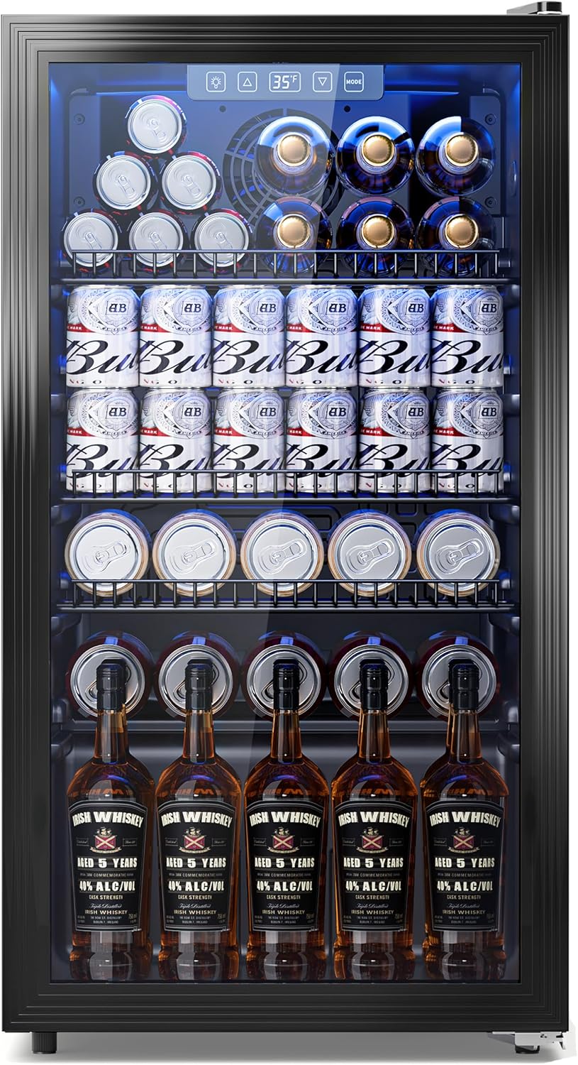 3.2 Cuft Beverage Fridge, 128 Can Mini Fridge, Glass Door, 35–65°F, Black Jansha Store