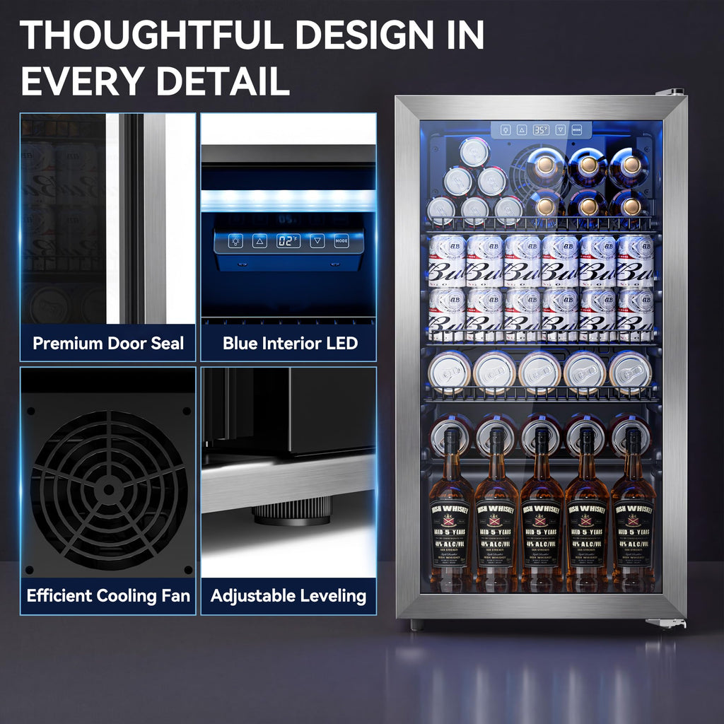 3.2 Cuft Beverage Fridge, 128 Can Mini Fridge, Glass Door, 35–65°F, Black Jansha Store